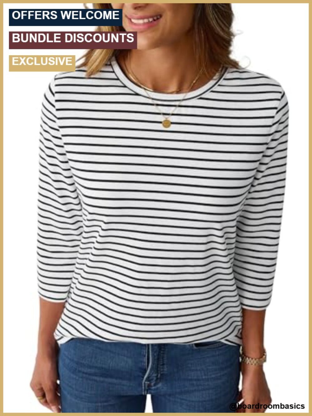 Womens Striped Boat Neck Top 3/4 Sleeve Cotton Blend Shirt